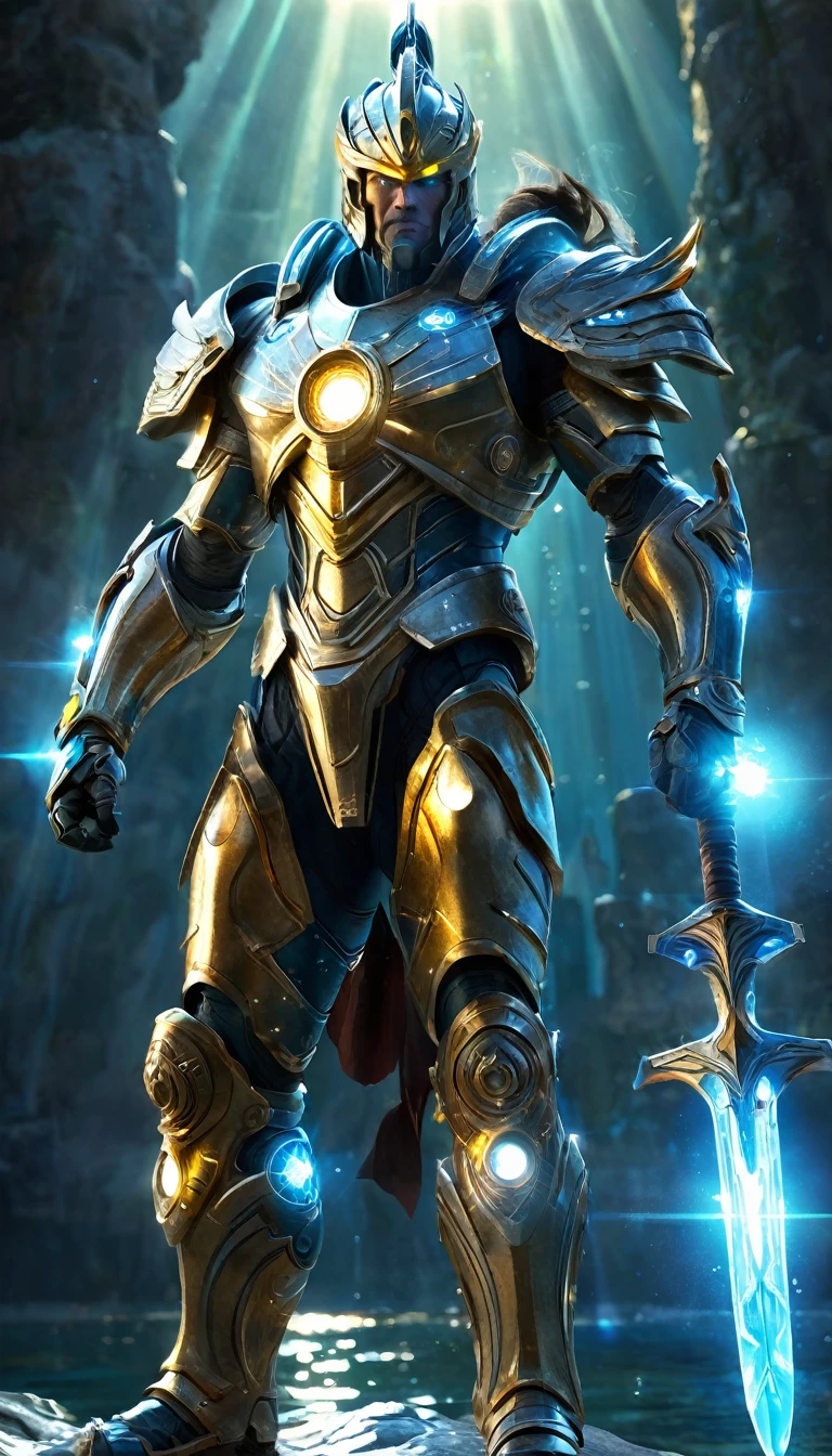 Create a full-body, powerful, futuristic sunlit sea warrior avatar with advanced technology integrated into the armor. The character should have a strong, heroic physique and confident facial features, with some parts of the face visible. The armor should be a blend of ancient Greek or Atlantean warrior styles, covering essential parts of the body while leaving some muscular areas exposed. Subtle sunlit themes, such as sun rays and golden patterns, should be incorporated into the design, using a color scheme of turquoise, gold, and silver. The character should emanate a sense of strength and dominance, with glowing blue eyes and a radiant, sunlit aura. Ensure the character is visible from head to toe, standing against a backdrop of a sunlit ocean, with sparkling water and a clear horizon visible, to enhance the powerful and dynamic setting.