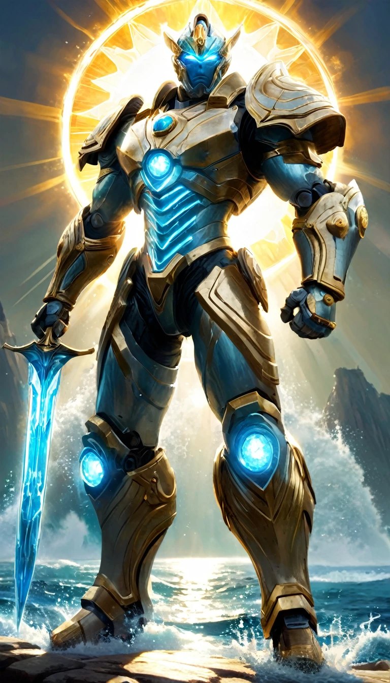 Create a full-body, powerful, futuristic sunlit sea warrior avatar with advanced technology integrated into the armor. The character should have a strong, heroic physique and confident facial features, with some parts of the face visible. The armor should be a blend of ancient Greek or Atlantean warrior styles, covering essential parts of the body while leaving some muscular areas exposed. Subtle sunlit themes, such as sun rays and golden patterns, should be incorporated into the design, using a color scheme of turquoise, gold, and silver. The character should emanate a sense of strength and dominance, with glowing blue eyes and a radiant, sunlit aura. Ensure the character is visible from head to toe, standing against a backdrop of a sunlit ocean, with sparkling water and a clear horizon visible, to enhance the powerful and dynamic setting.