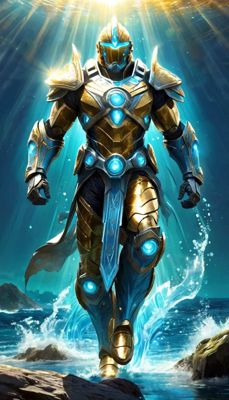 Create a full-body, powerful, futuristic sunlit sea warrior avatar with advanced technology integrated into the armor. The character should have a strong, heroic physique and confident facial features, with some parts of the face visible. The armor should be a blend of ancient Greek or Atlantean warrior styles, covering essential parts of the body while leaving some muscular areas exposed. Subtle sunlit themes, such as sun rays and golden patterns, should be incorporated into the design, using a color scheme of turquoise, gold, and silver. The character should emanate a sense of strength and dominance, with glowing blue eyes and a radiant, sunlit aura. Ensure the character is visible from head to toe, standing against a backdrop of a sunlit ocean, with sparkling water and a clear horizon visible, to enhance the powerful and dynamic setting.