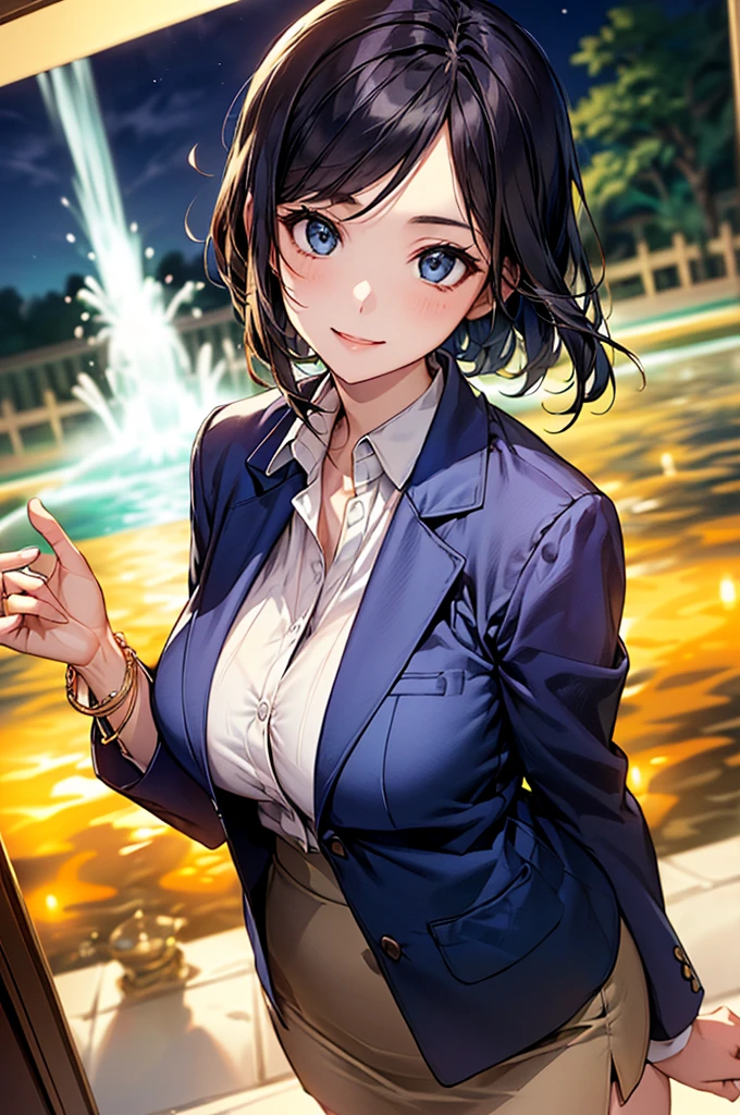 ((Biologically correct limb count))、(( Full body, including face))、4K、masterpiece、((Focus on the face))、((Symmetric, Well-proportioned facial features))、Delicate descriptive eyes、(((1 person)))、Beautiful woman、Excellent style、Slender body、(High heels with anklets)、(((Navy blue jacket、blazer、shirt、Check skirt、stockings))、(((A huge fountain decorated with white framed photographs)))、(shy、smile)、Upper body close-up、(Look at me sideways)、High Angle、night、