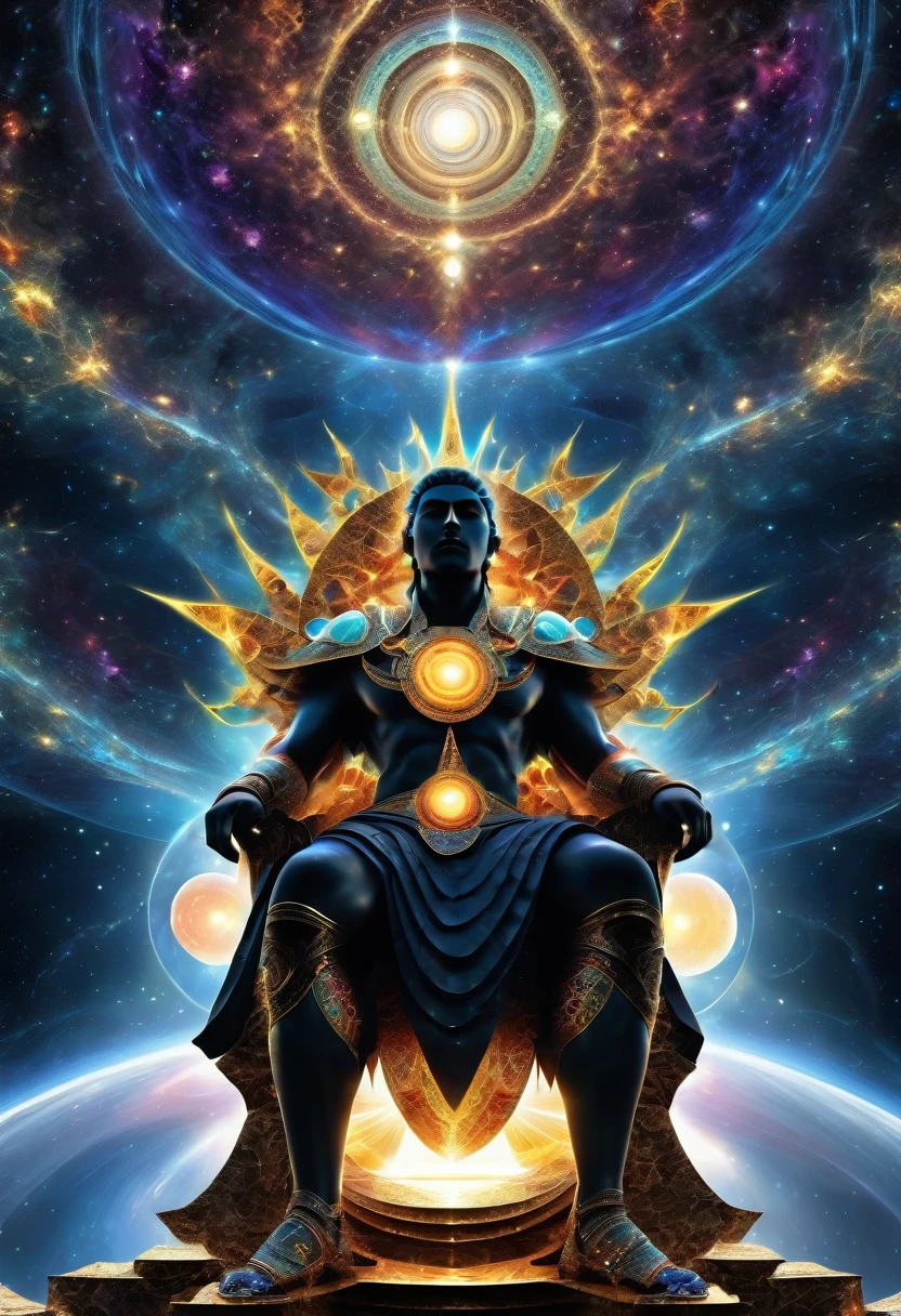 He's the one who move the entire universe. From the beginning of creation, he push and expand the universe forward and forward. He's the unstoppable son of Time.(( the God of the Dark Energy sits on his throne)),((fractal)),((deep wiew)),photographic,ultra high resolution,hyperdetailed, masterpiece, 3d modelling, abstract art, digital art.