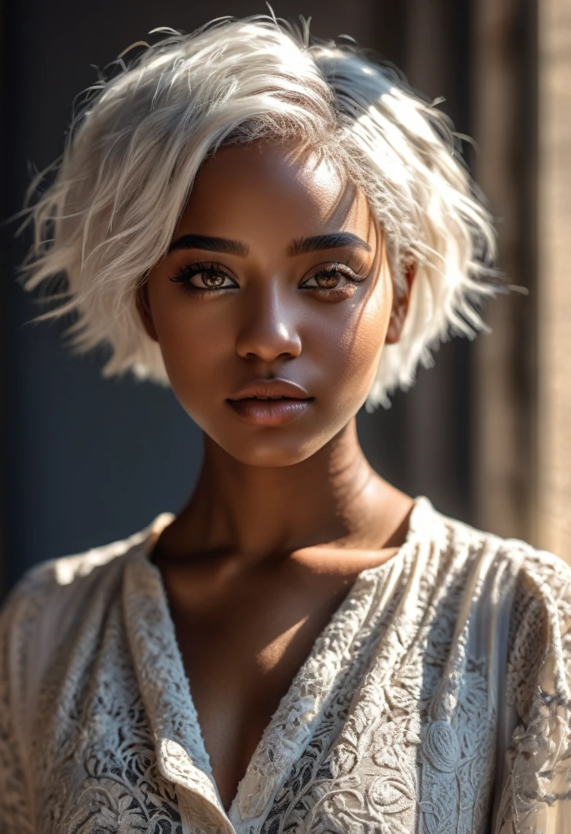 Portrait 8k photo of a beautiful black girl, short white hair, full body, realistic, natural skin, soft sunlight, textured skin, intricate, elegant, highly detailed, majestic, digital photography, (masterpiece, side lighting, beautiful finely detailed eyes: 1.2), hdr, wears detective clothes
