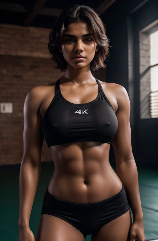 18 year old indian girl model,baby face,short hair,black wrestling shorts,athletic body,huge breasts,revealing clothes,(best quality,4k,8k,highres,masterpiece:1.2),ultra-detailed,(realistic,photorealistic,photo-realistic:1.37),photography by arny freytag,wrestling arena,full body shot,posing for camera,hyperrealistic,dramatic lighting,cinematic composition,highly detailed face and body,dramatic pose,powerful expression
