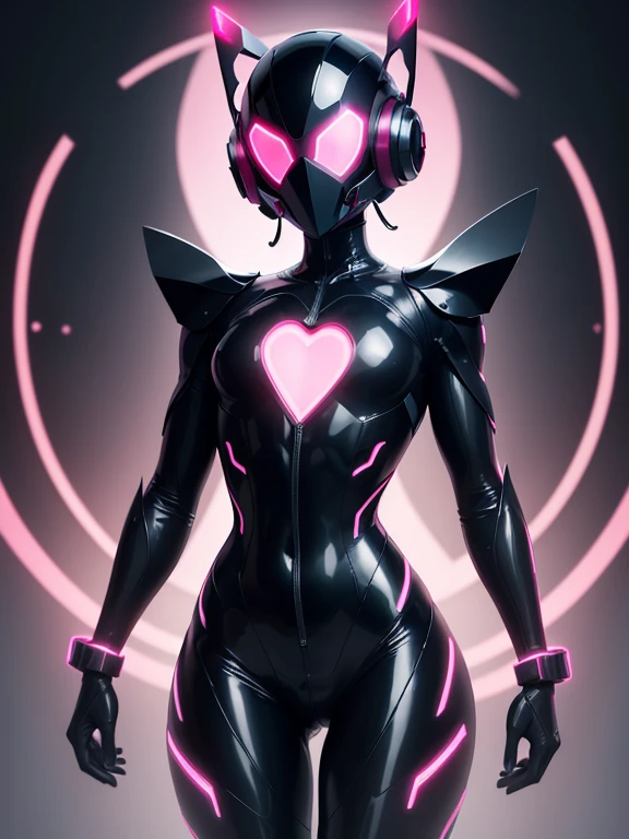 Dronificated unknown man in a fully enclosed black latex fullbody suit with red lights across the suit and heart shaped glowing core in the chest, fully enclosed cyber helmet that cover her whole face and hides his identity with only two glowing pink lines in it's otherwise, empty black face, flat chest, muscular, tall, in a storage, no face, no hair, no mouth, no eyes