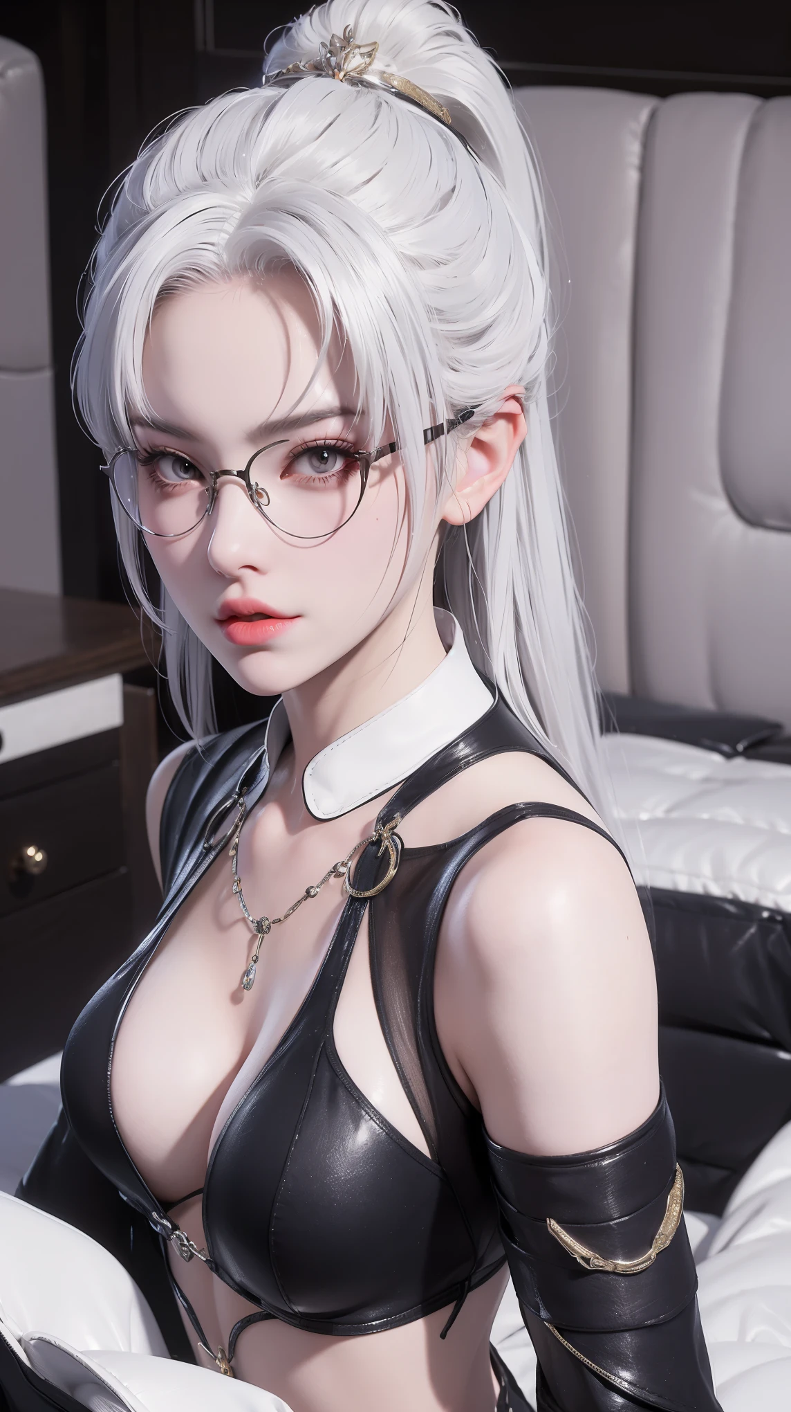 Domineering female CEO，Slim，White hair，长White hair，Lying in bed，Full body portrait，Black pantyhose，（top view），close up，wear glasses，Wearing a black suit，mini skirt，On the stomach