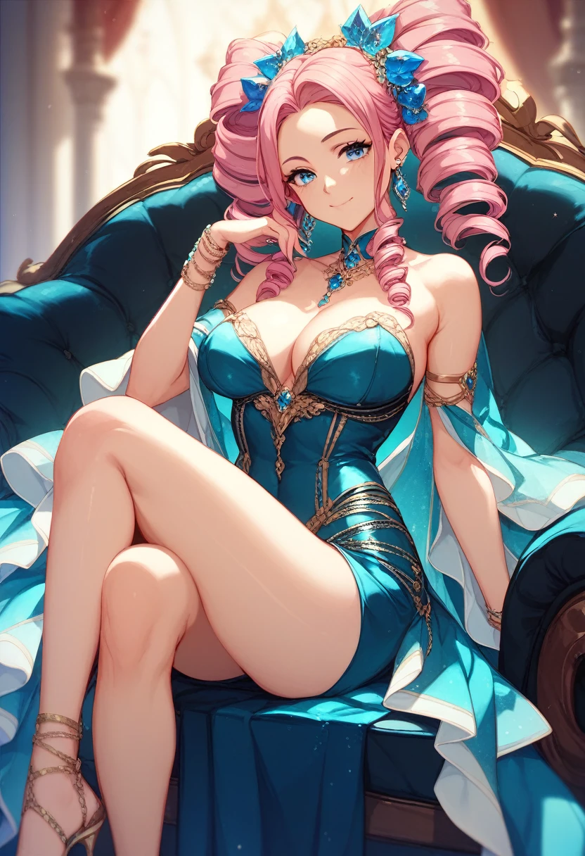 middle ages、Royalty、Audience Chamber、Man on one knee、Girl sitting on a luxurious chair、Girl with pink hair、blue eyes、Twin Drill、A scene from a movie