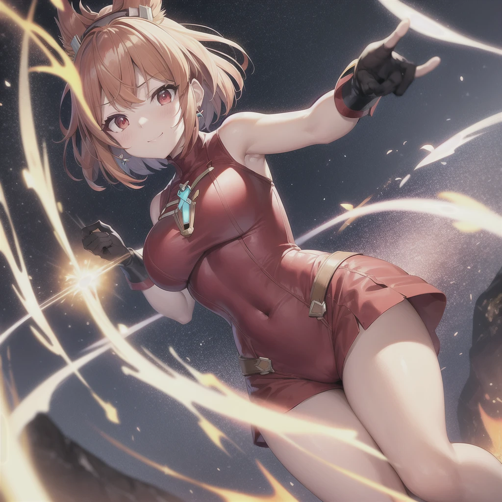 たきfire \(Xenoblade\), young_Teen_One girl, armor, bangs, black gloves, chest, Red eyes, Mouth closed, Earrings, eyelash, fingerless gloves, Floating Hair, framed chest, gem, gloves, hair ornaments, Headpiece, jewelry, big_chest, Lean back, leotard, Neon Trim, Official Art, Pause, Redhead, red Shorts, saitou masatsugu, short hair, short Shorts, Short sleeve, Shorts, Side Lock, Fits perfectly to the skin, alone, Are standing, swept bangs, Knee socks, tiara, night_grassland_landscape_background, turtleneck, Underbust, Arm guard, Xenoblade chronicles \(series\), (Xenoblade chronicles 2), Away_feet, fire_effect,dynamic_Pause_Finding,Light_smile, (Plump:1.1), big_Butt,Huge_sword, all_big_sword_Pattern, alone, Covered_Nipples, Covered_Pussy,