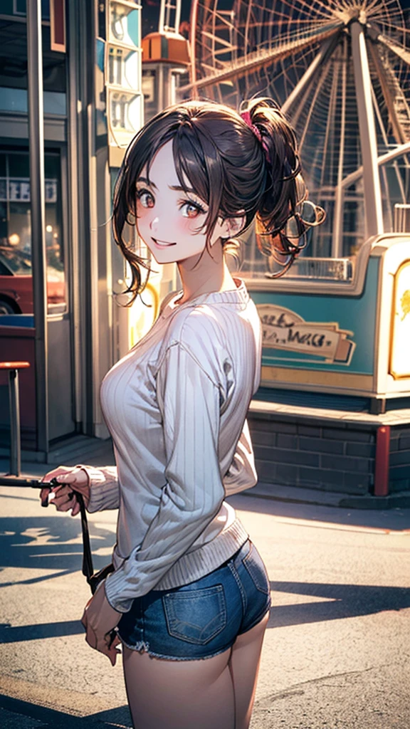 (masterpiece:1.2, Highest quality), (Realistic, photoRealistic:1.4), Beautiful illustrations, (Natural Side Lighting, Cinema Lighting), Browsing Caution,
View your viewers, Rear view, From the back, From behind, Face Focus, Upper Body, 1 girl, Japanese, high school girl, Perfect Face, Cute and symmetrical face, Baby Face, Glowing Skin,
(Long Hair, Straight hair, Hair flap, Bronze colored hair), Swept-apart bangs, Golden Eyes, Long eyelashes, (Medium chest), thin,
Beautiful Hair, Beautiful Face, Beautiful attention to detail, Beautiful clavicle, Beautiful body, Beautiful breasts, Beautiful thighs, Beautiful feet, Beautiful fingers,
(Detailed cloth texture, break, long sleeve pink sweater, break, Denim shorts),
(Beautiful views), morning, (amusement park, Pervasive, Ferris wheel), (walk, turn around, arched back, Dynamic pose), (Cute smile, Open your mouth),