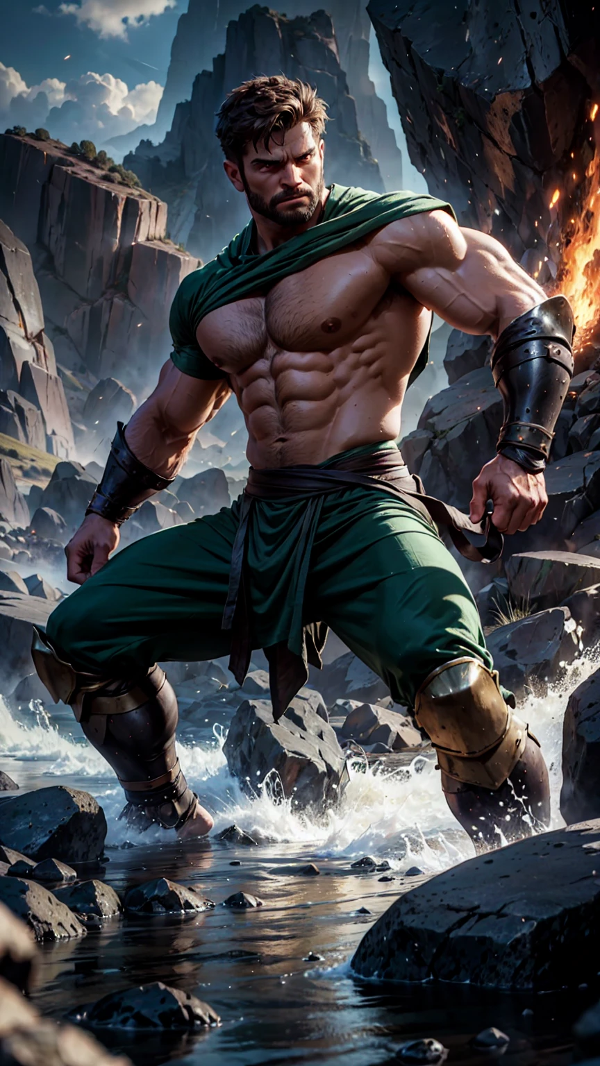A formidable warrior with a strong, muscular build, dressed in green and black clothing that blends seamlessly with the earth. He has brown hair, cut short and tousled. In the midst of a dramatic battle, he wields earth magic, with rugged terrain and rocky formations erupting around him. He controls the ground with powerful, commanding gestures, causing the earth to rise and shift at his will. His eyes gleam with a deep, earthy intensity, reflecting his connection to the element. The scene is rendered in a photorealistic, hyper-realistic 8k style, with studio lighting. The background is a dramatic landscape of upheaved rocks and swirling dust, emphasizing the warrior’s control over the earth. His combat pose is grounded and resolute, making the image both imposing and cinematic, with rich, earthy, in a punch pose.