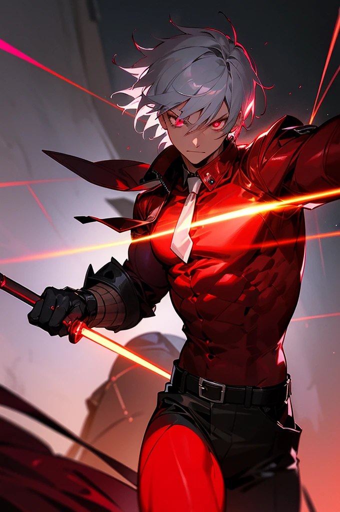 Crimson red skin, silver eyes, focused adult male, serious expression, night, 12k resolution, neon-lit alley, vibrant signs, short hair, sleek leather jacket with reflective panels and a silver tie, intense look, ruby ring, muscular build, no blemishes, holding a glowing baton.