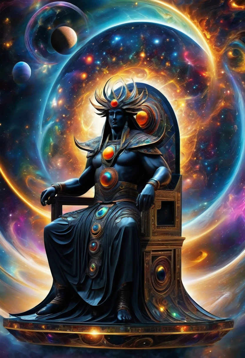 He's the one who move the entire universe. From the beginning of creation, he push and expand the universe forward and forward. He's the unstoppable son of Time.(( the God of the Dark Energy sits on his throne)),((fractal)),((deep wiew)),photographic,ultra high resolution,hyperdetailed, masterpiece, 3d modelling, abstract art, digital art.