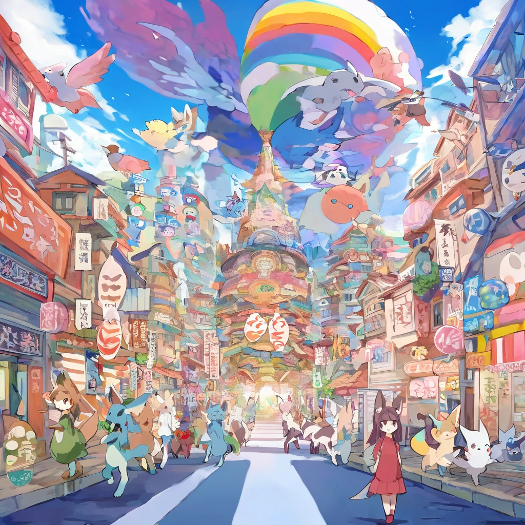 there is a poster for a Alana's animated series of a group of animals standing together in the sky, furry anime, colorful kitsune city, god of animals, japanese animation style, very very beautiful furry art, fursona art, ghibli studio anime style, furry art!!!, in japanese anime style, nothing, official fanart, furry fandom, by Molecular Interaction FENZ, Online drama distribution license, Bilibili, in Fabulous Beasts ( There is a beast) style