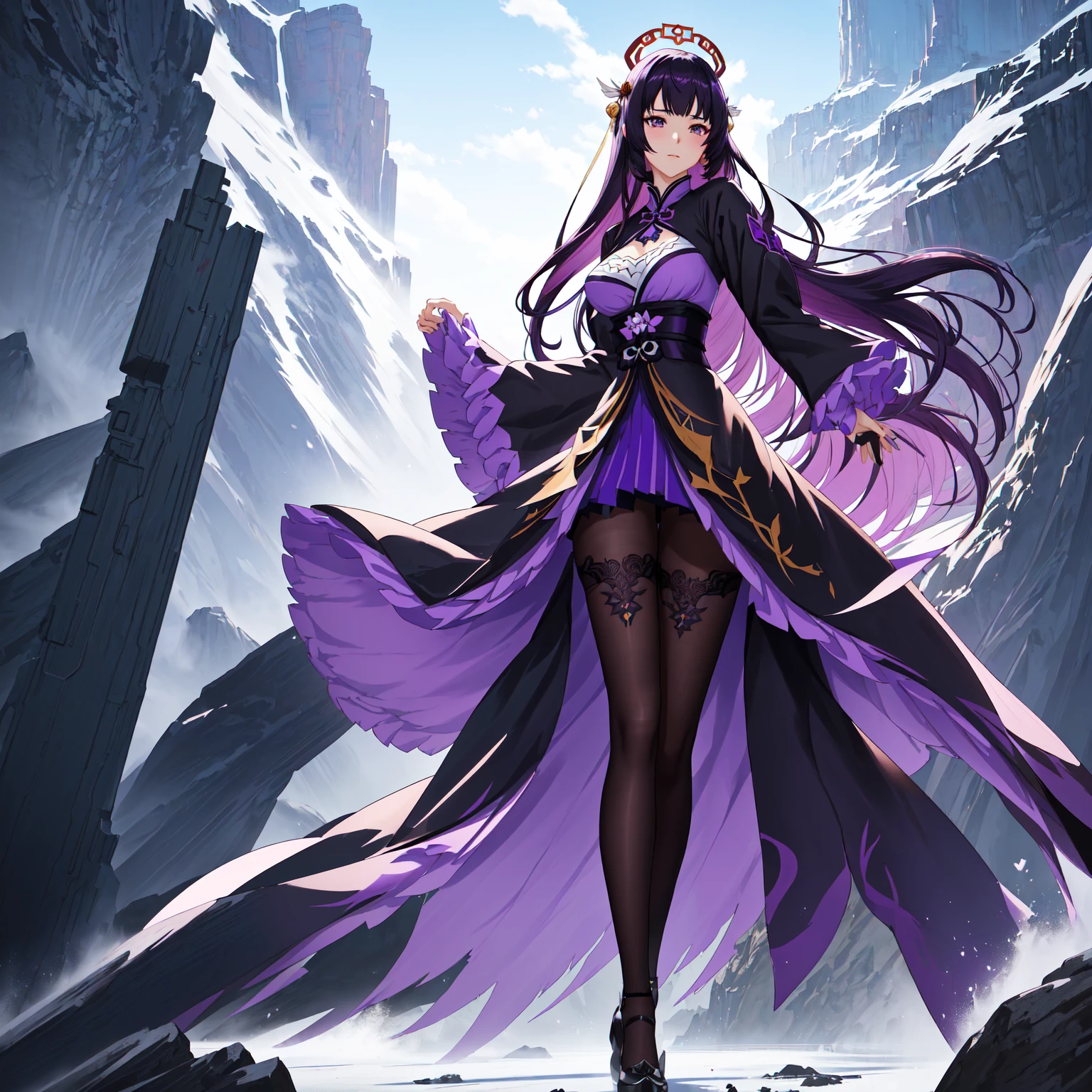 Anime girl wearing a purple dress and black stockings standing in front of a mountain., cushart krenz art key women, Ayaka Genshin Impact, full body xianxia, artgerm style, extremely detailed artistic germ, by Yang J, Irelia, genshin impact keqing, rossdraws sakimimichan