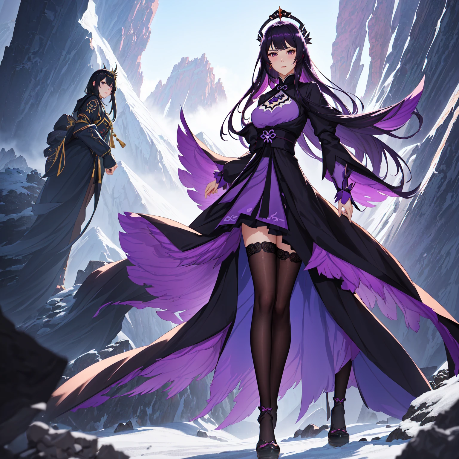 Anime girl wearing a purple dress and black stockings standing in front of a mountain., cushart krenz art key women, Ayaka Genshin Impact, full body xianxia, artgerm style, extremely detailed artistic germ, by Yang J, Irelia, genshin impact keqing, rossdraws sakimimichan