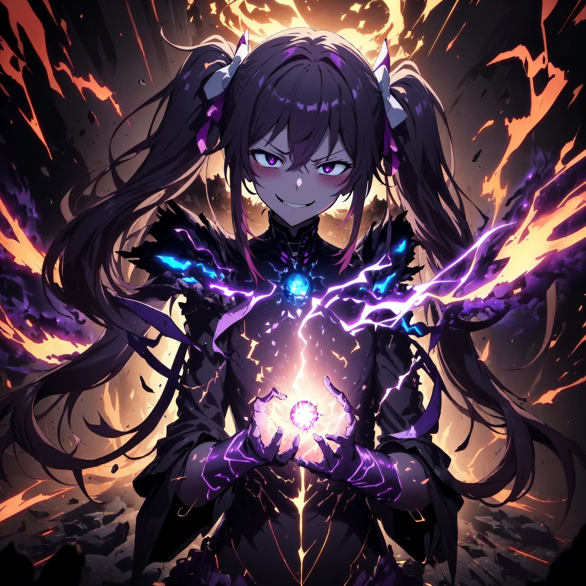 masterpiece, best quality, (extremely detailed CG unity 8k wallpaper), (best quality), (best illustration), (best shadow), absurdres, realistic lighting, (Abyss), beautiful detailed glow, beautiful, (1girl, solo, upper body shot:1.22), excessive energy, smoke, glowing aura, magical, dark star, black suit, purple hair, black eyes, (head tilt:1.22), ((yandere, gesugao:1.24), madness, rage, open eyes, smirk ,anger:1.39), twin tail, pigtails, long hair, very long hair, (dynamic pose:1.22)