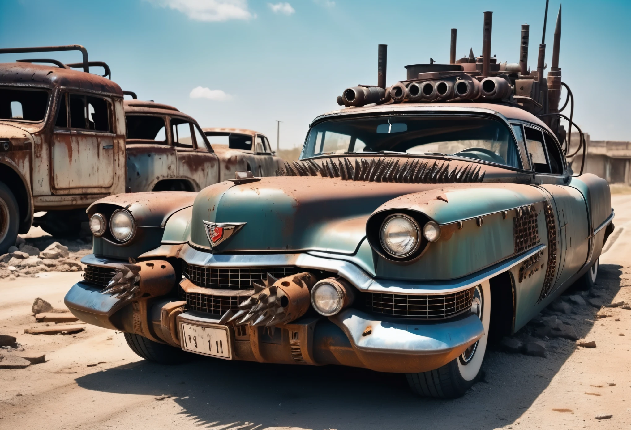 Create a diagonal and accurate image of an 18 year old girl with sunglasses leaning next to an old rusty and dirty 1955 Cadillac Eldorado with METAL spikes on the hood, Armored Vehicle, there are MANY SPOTS AROUND the car bodywork. WIDE AND THICK DIRTY WHEELS, turned wheels, front with a broken metal grille with several rusty spikes and blood-stained anti-zombie spikes; military style with modifications and protection with metal plates, war tank style, broken and dirty headlights, the car is on a destroyed white concrete overpass in the center of a post-apocalyptic city, has several ultra futuristic tall and cylindrical buildings in ruins around the street, steampunk car, dramatic art, dieselpunk art style, apocalyptic road warrior vibe, surreal digital art, mad max inspired, heavy metallic artwork, chrome grille symmetry, arte steampunk digital, It&#39;s not the Mad Max style, metallic art, is not Filip Hodas; artwork style, steampunk digital art, dieselpunk, in a hightech world, photo on the diagonal