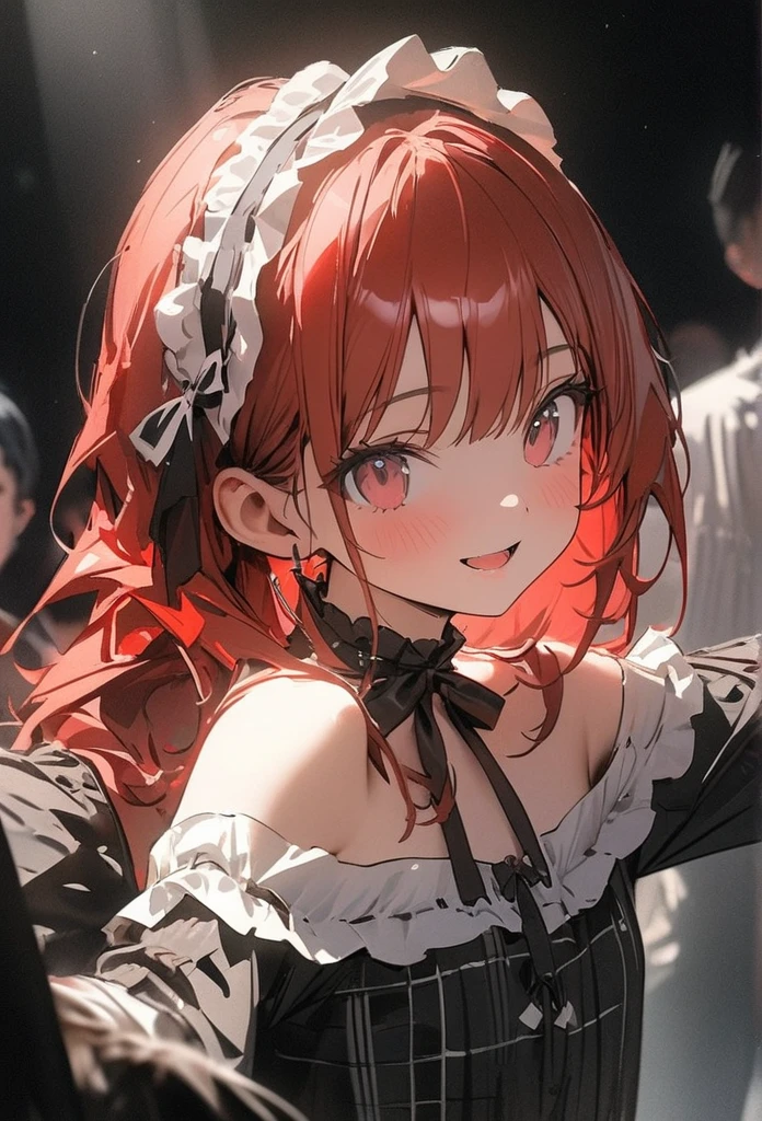 ((masterpiece)), ((Highest quality)), ((cute)), ((Very detailed)), (sketch:0.3), (RAW Photos:1.2), (8k), (High resolution:1.3), (Professional photography:1.2), Cinema Lighting, (so beautiful:1.2), (Absurd:1.2), (Sharp focus), (Perfect light), (()), cute十代の女の子, Plaid Dresses, (Off-the-shoulder dress), Hoop Dresses, Strapless, (Lolita Fashi (Healthy Skin), (Reaching arms), exposed shoulders and arms, Lolita Style, (( at other people)), Mischievous Smile, Open your mouth, cute, Portrait of a Lolita girl, Red plaRibbon Belt,