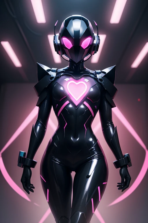 Dronificated unknown man in a fully enclosed black latex fullbody suit with pink lights across the suit and heart shaped glowing core in the chest, fully enclosed cyber helmet that cover her whole face and hides his identity with only two glowing pink lines in it's otherwise, empty black face, flat chest, muscular, tall, in a storage, no face, no hair, no mouth, no eyes
