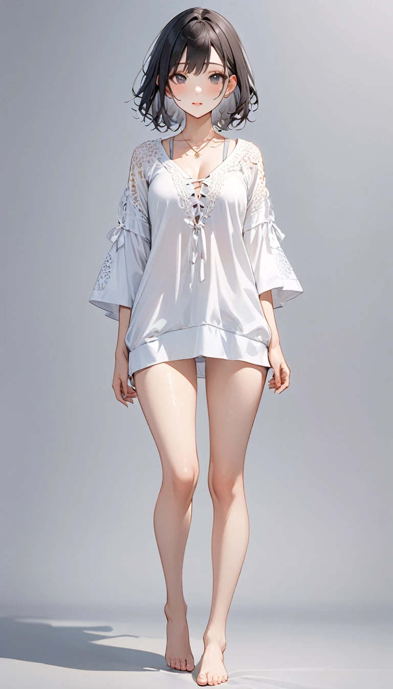 Extremely delicate full-body shot, 1girl, 独奏, Detailed and accurate body, Firm and moisturized skin texture, Clear details, Revealing facial details, barefoot, Anatomically correct hand, Casual clothing, Ultimate Quality, 