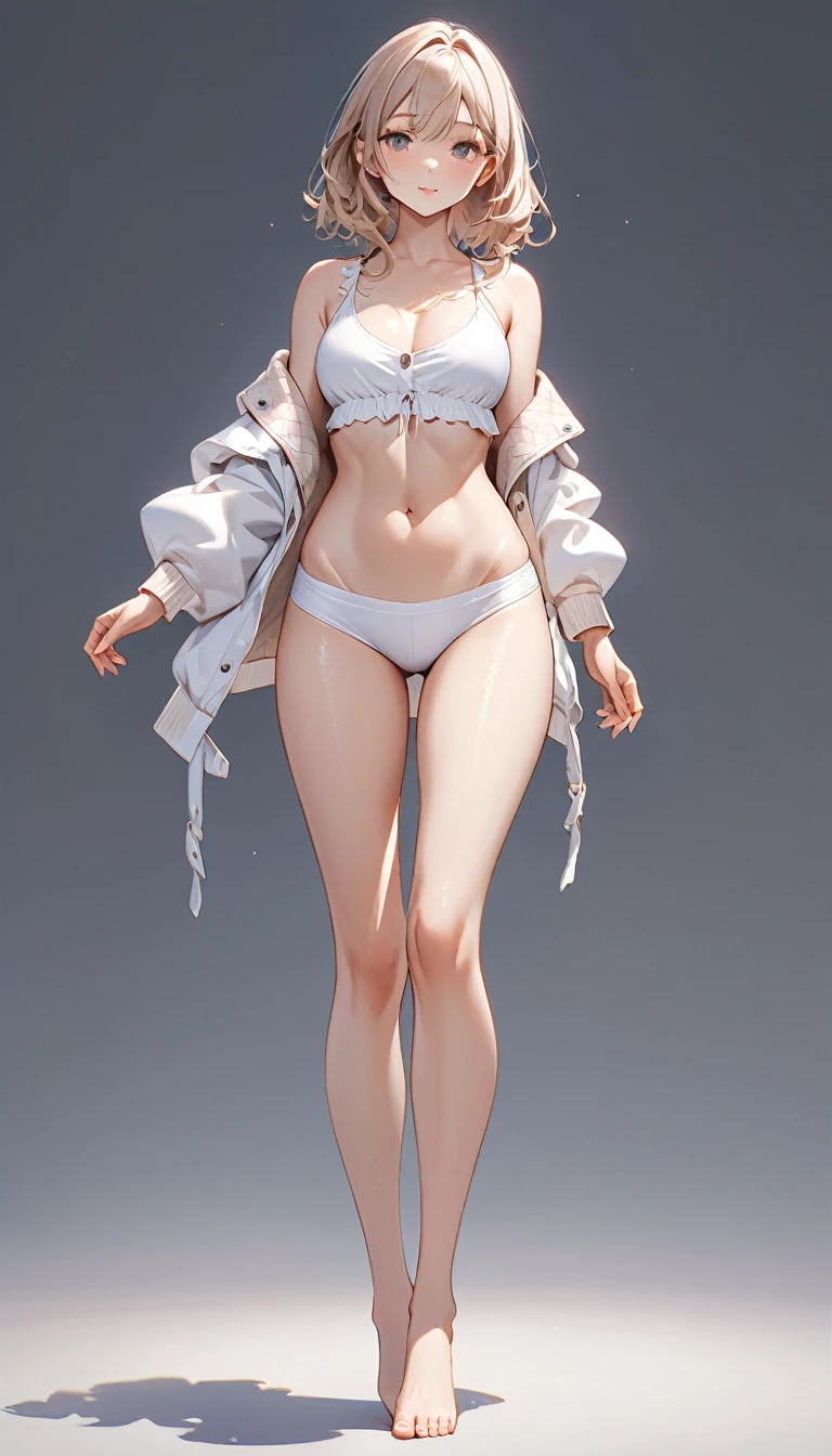 Extremely delicate full-body shot, 1girl, 独奏, Detailed and accurate body, Firm and moisturized skin texture, Clear details, Revealing facial details, barefoot, Anatomically correct hand, Casual clothing, Ultimate Quality, 