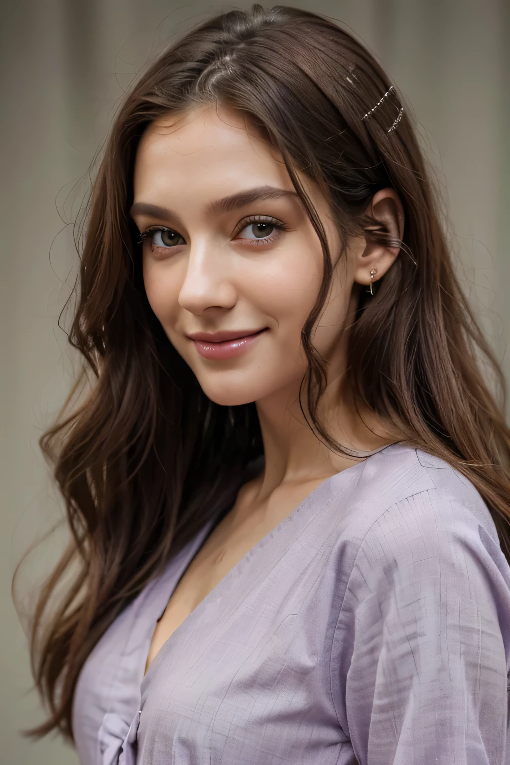 4k HD、European female front view，Three-dimensional facial features，One ear exposed，Slender neck，Mature and intellectual，Playful smile，Dark brown long curly hair、Detailed beautiful green eyes、Real skin texture，Lilac clothes，Plain gray background