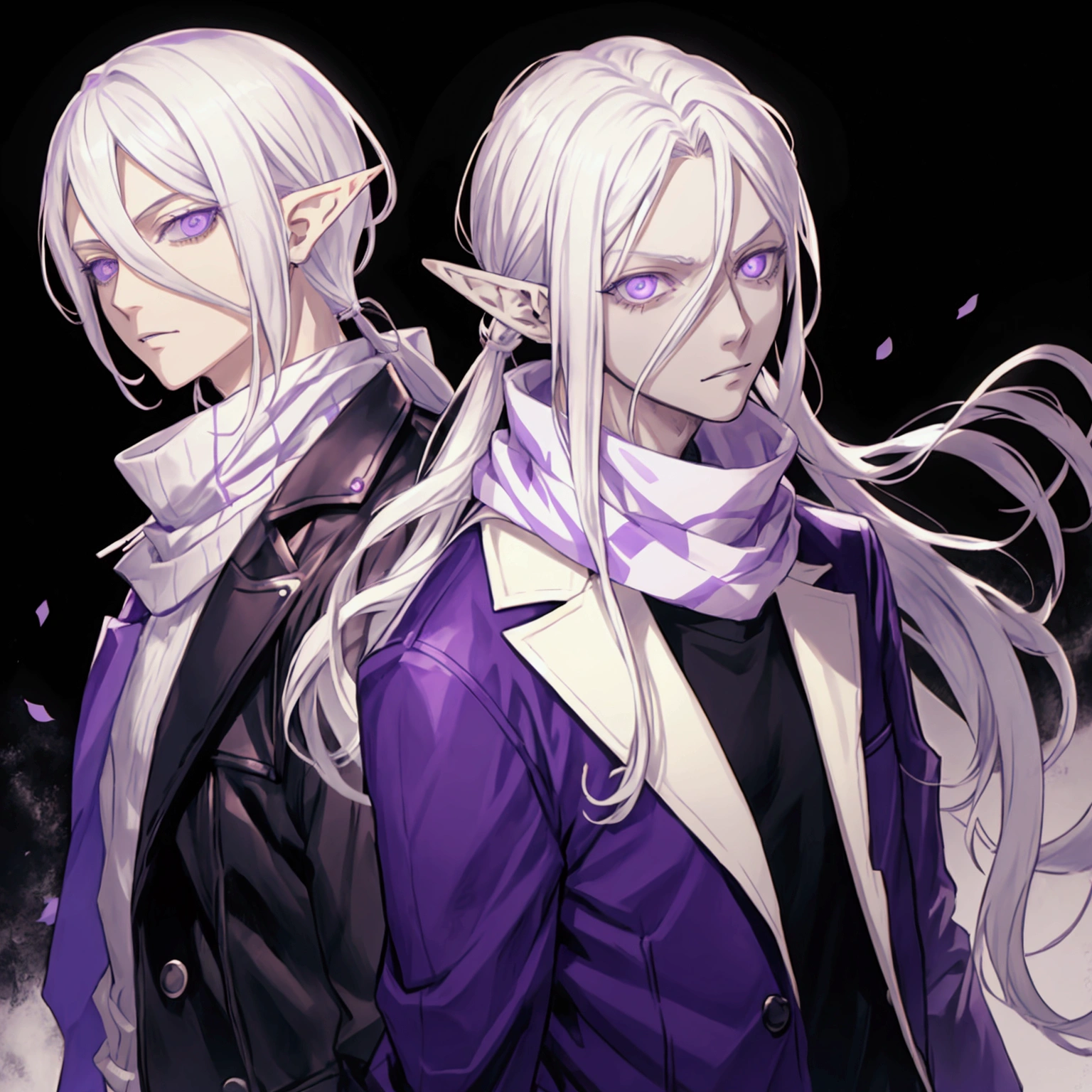  Estilo chainsaw man: A man with silver hair that reaches his shoulders, with detailed purple eyes and elf ears, he wears a white scarf and white clothes; he has a neutral expression 