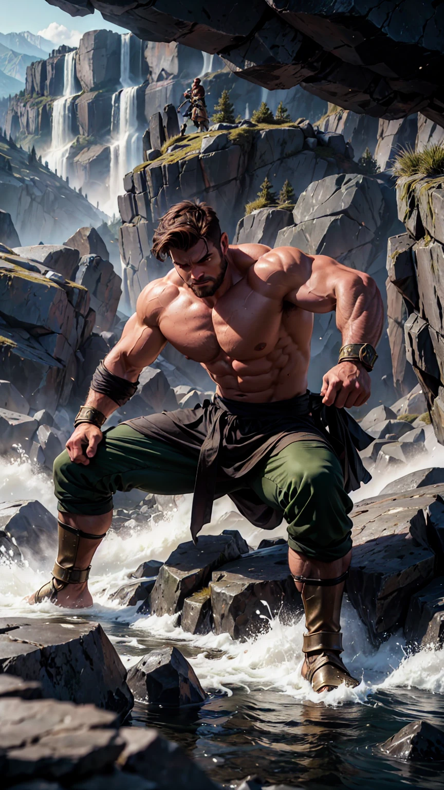 A formidable warrior with a strong, muscular build, dressed in green and black clothing that blends seamlessly with the earth. He has brown hair, cut short and tousled. In the midst of a dramatic battle, he wields earth magic, with rugged terrain and rocky formations erupting around him. He controls the ground with powerful, commanding gestures, causing the earth to rise and shift at his will. His eyes gleam with a deep, earthy intensity, reflecting his connection to the element. The scene is rendered in a photorealistic, hyper-realistic 8k style, with studio lighting. The background is a dramatic landscape of upheaved rocks and swirling dust, emphasizing the warrior’s control over the earth. His combat pose is grounded and resolute, making the image both imposing and cinematic, with rich, earthy, in a punch pose.