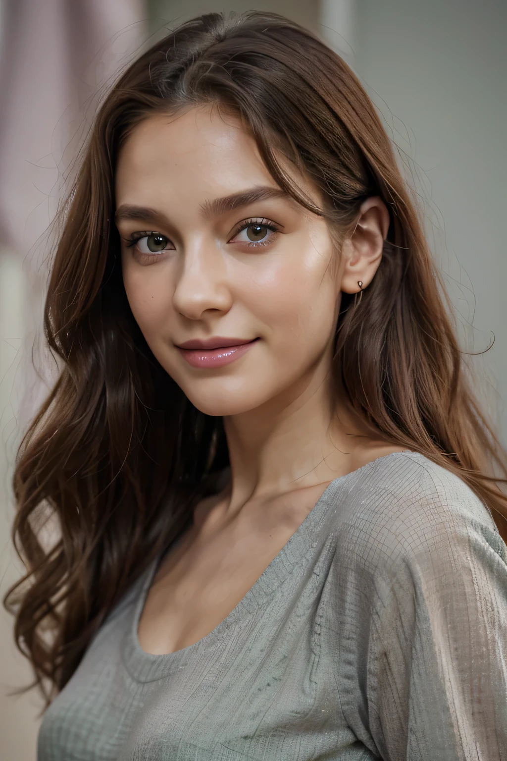 4k HD、European female front view,Three-dimensional facial features,One ear exposed,Slender neck,Mature and intellectual,Playful smile,Dark brown long curly hair、Detailed beautiful green eyes、Real skin texture,Lilac clothes,Plain gray background