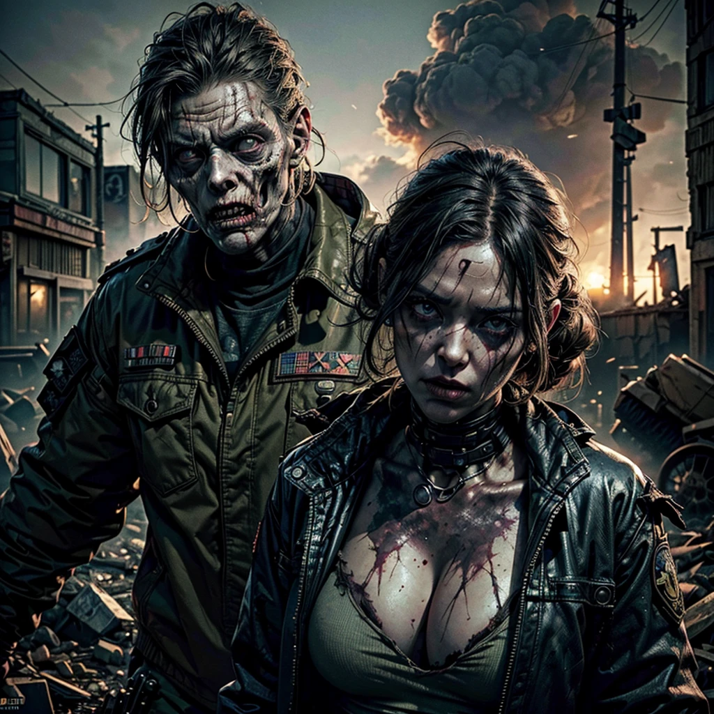 a woman, undead zombie, wearing worn torn military uniform, wandering in post-apocalyptic town destroyed by nuclear weapon, mutant creatures, radiation affected, rubble, (best quality,4k,8k,highres,masterpiece:1.2),ultra-detailed,(realistic,photorealistic,photo-realistic:1.37),horror,dystopia,dark fantasy,cinematic lighting,dramatic atmosphere,muted colors
