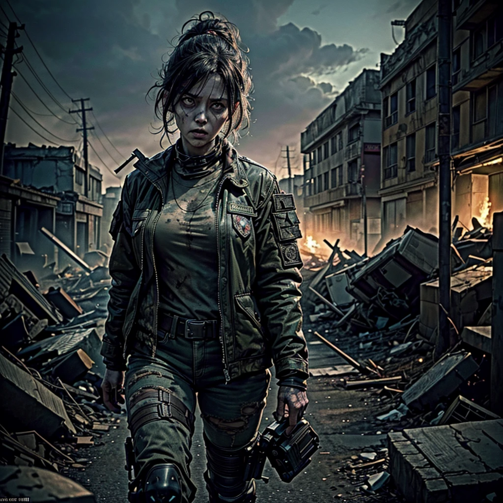 a woman, undead zombie, wearing worn torn military uniform, wandering in post-apocalyptic town destroyed by nuclear weapon, mutant creatures, radiation affected, rubble, (best quality,4k,8k,highres,masterpiece:1.2),ultra-detailed,(realistic,photorealistic,photo-realistic:1.37),horror,dystopia,dark fantasy,cinematic lighting,dramatic atmosphere,muted colors