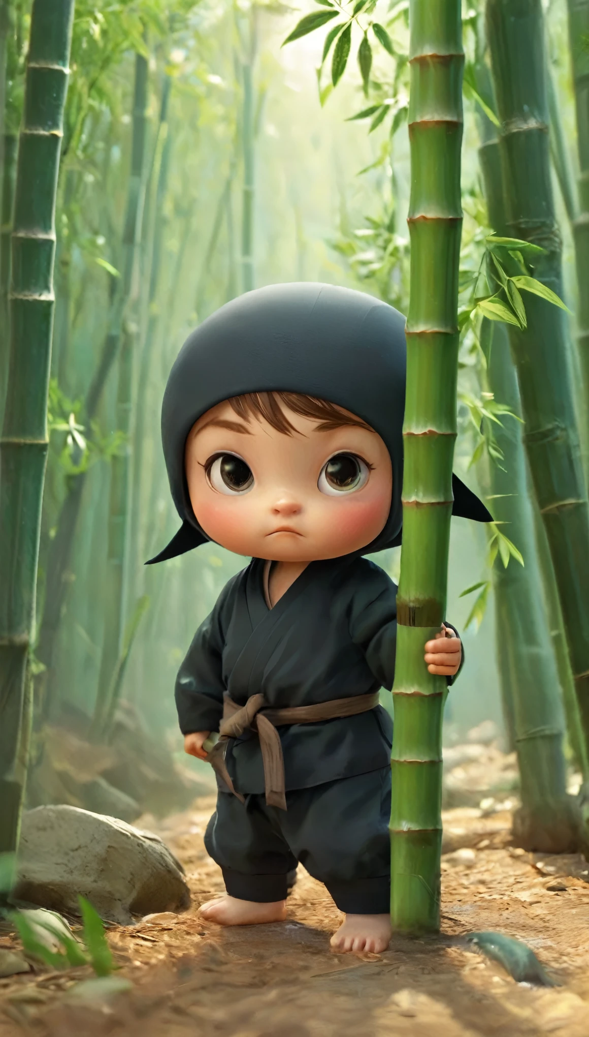 Isometric cute baby ninja, hiding behind bamboo, solid background