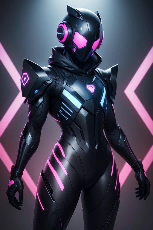 Dronificated unknown man in a fully enclosed black latex fullbody suit with blue lights across the suit and heart shaped glowing core in the chest, fully enclosed cyber helmet that cover her whole face and hides his identity with only two glowing pink lines in it's otherwise, empty black face, flat chest, muscular, tall, in a storage, no face, no hair, no mouth, no eyes