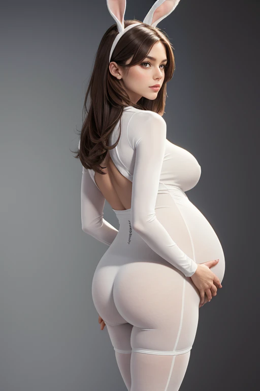 8k, masterpiece, very realistic, Full body Sexy pregnant bunny woman, bunny ears, very slim waist, very tall, form fitting white bodysuit, brown hair, dynamic pose, medium breasts, pregnant, curved back, mature