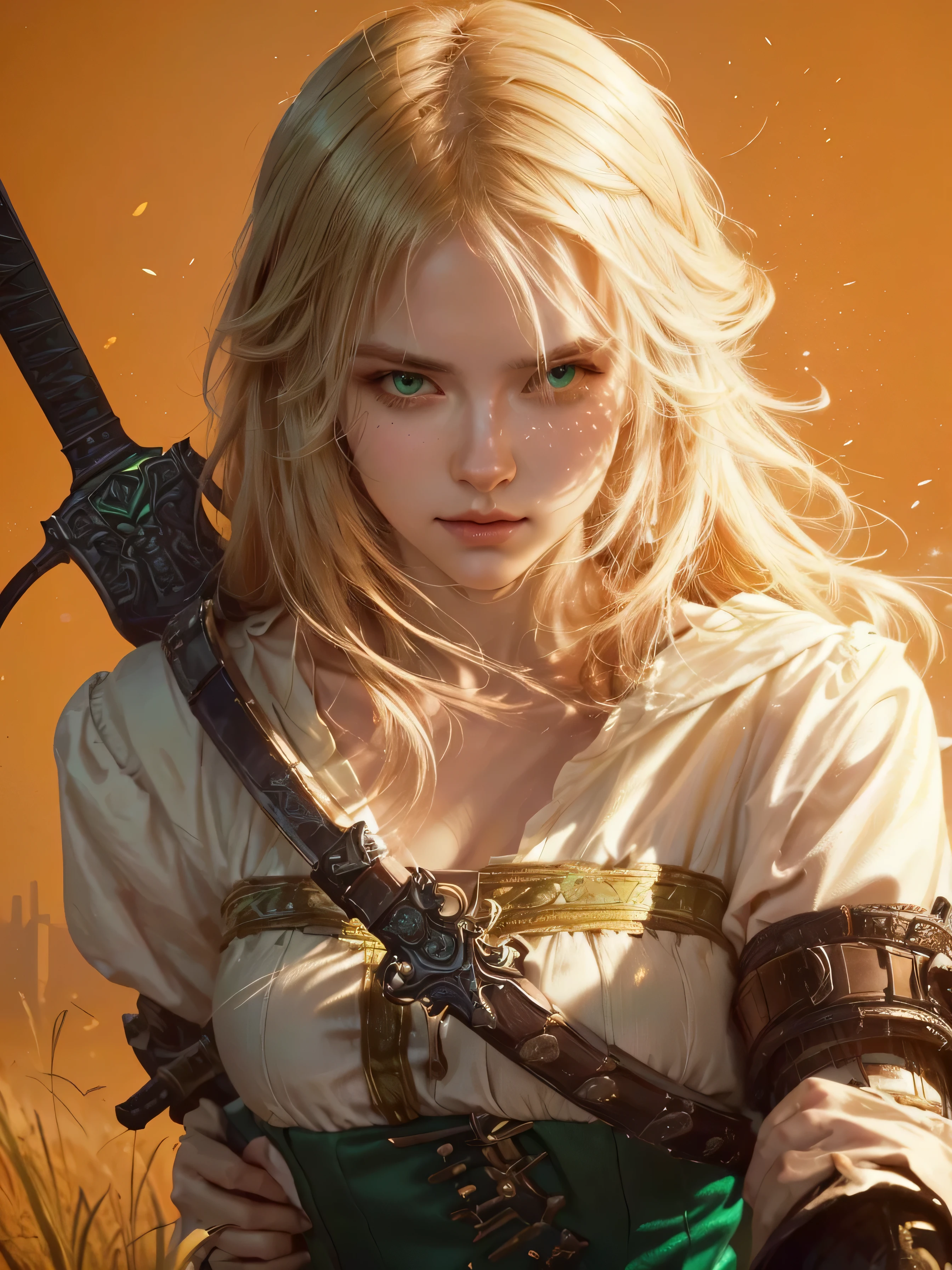 a closeup of a woman with a sword and a green dress, feature, feature from the Sorcerer, alena aenami and artgerm, feature holding a cat, Sorcerer)), Artgerm and Atey Ghailan, artegerm craig mullins, awesome character art, extremely detailed artistic germ, guweiz style artwork