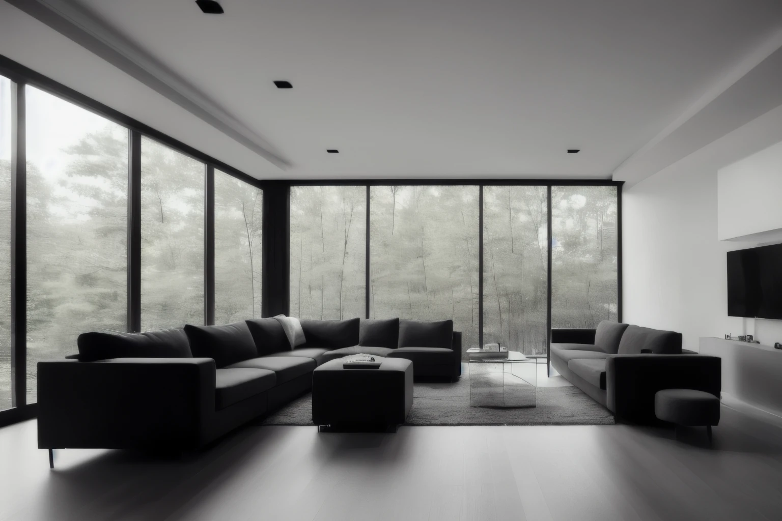 The interior of an open concept living area decorated in clean lines and functionality, surrounded by floor-to-ceiling glass and matte black accents, photographed on location using a Panasonic Lumix S1R in available light, — ar 16:9 — chaos 30 — stylize 150 — weird 500 — style raw — quality 5