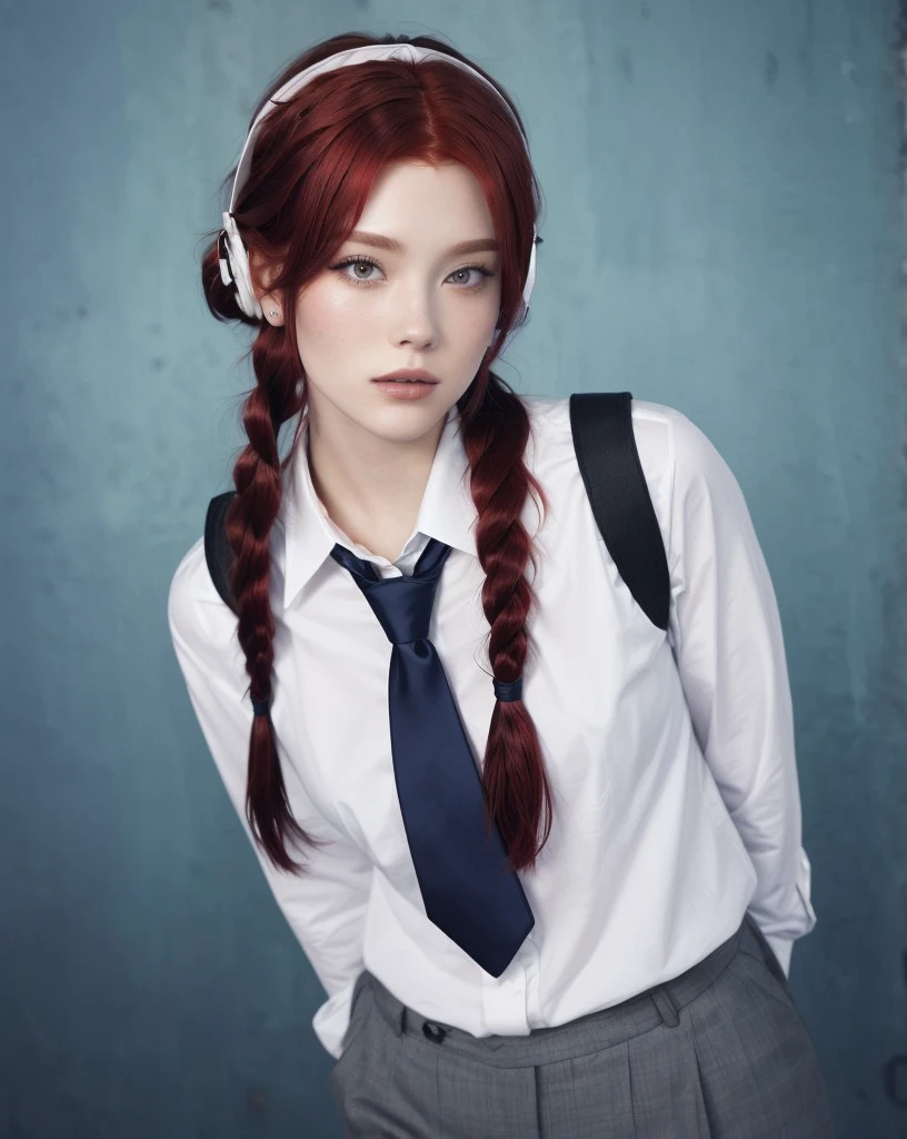 red hair, red tie, red hair tied in two braids