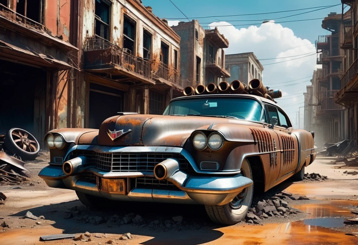 Create a diagonal and accurate image of an 18 year old girl with sunglasses leaning next to an old rusty and dirty 1955 Cadillac Eldorado with METAL spikes on the hood, Armored Vehicle, there are MANY SPOTS AROUND the car bodywork. WIDE AND THICK DIRTY WHEELS, turned wheels, front with a broken metal grille with several rusty spikes and blood-stained anti-zombie spikes; military style with modifications and protection with metal plates, war tank style, broken and dirty headlights, the car is passing on the street in the center of a post-apocalyptic city with several tall cylindrical shaped and ultra futuristic buildings in ruins around the street, debris fallen from buildings on the street, steampunk car, dramatic art, dieselpunk art style, apocalyptic road warrior vibe, surreal digital art, mad max inspired, heavy metallic artwork, chrome grille symmetry, arte steampunk digital, It&#39;s not the Mad Max style, metallic art, is not Filip Hodas; artwork style, steampunk digital art, dieselpunk, in a hightech world, photo on the diagonal