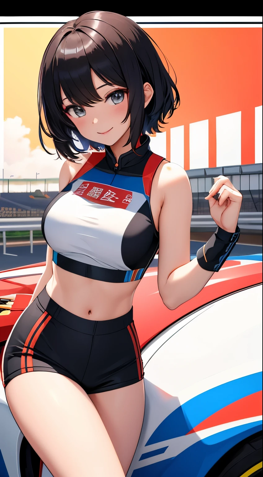 (best quality), 1girl, ultra-detailed, illustration, yang guifei, crop top, short hair, race car, race queen, light smile