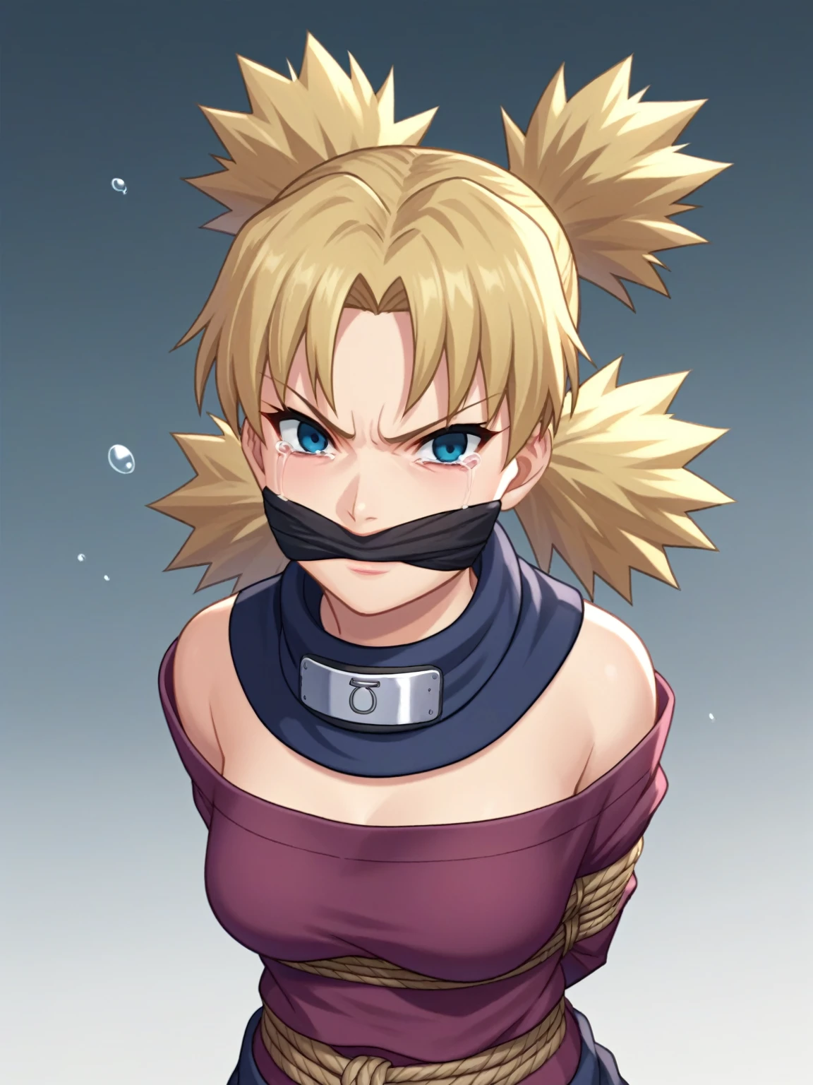 score_9, score_8_up, score_7_up, score_6_up, score_5_up, score_4_up, BREAK, source_anime, ytemari, 1girl, blonde hair, quad tails, blue eyes, fishnets, purple garment, sash, smile, upper body, looking at viewer, solo, simple background, anime screencap, anime coloring, cloth gagged, underwater background, shibari, hands behind back, pissed off angry expression, heavily cloth gagged over the mouth, panic expression, crying, heavy shibari ropes, expressively detailed, heavy shibari ropes, cloth gag over mouth, blindfolded with a white cloth