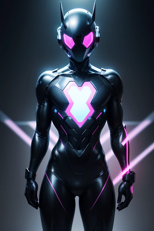 Dronificated unknown man in a fully enclosed black latex fullbody suit with blue lights across the suit and heart shaped glowing core in the chest, fully enclosed cyber helmet that cover her whole face and hides his identity with only two glowing pink lines in it's otherwise, empty black face, flat chest, muscular, tall, in a storage, no face, no hair, no mouth, no eyes