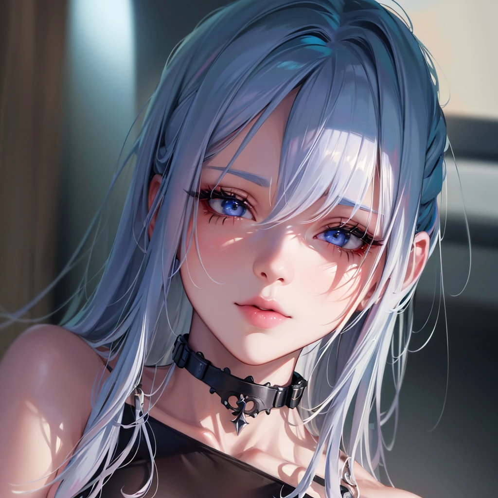 Depth of bounds written, detailed eye, ((CG illustration)), ((face focus)), ((masterpiece)), ((8K)), ((super detailed)), ((Super high quality)), ((cinematic)), ((Photoreal)), ((close up shot)), (solo), (cool girl), very long hair, straight hair, (((thin body))), Glossy skin, ((look away)), (Beautiful goth girl with high cheeks and legs), Gothic makeup, clear eyes, lipstick, dark eye shadow, ((No bra)), choker, earrings, provoke, night, ((full moon)), ((Functional)), Lonely, Visual kei, ((pastel colour)), Unwound clothes, forget, kiss, White Knight, dark, silence