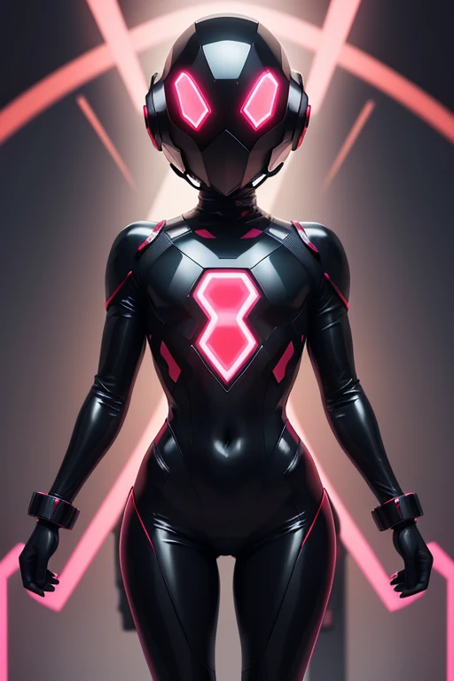 Dronificated unknown girl() in a fully enclosed black latex fullbody suit with purple lights across the suit and heart shaped glowing core in the chest, fully enclosed cyber helmet that cover her whole face and hides her identity with only two glowing purple lines in it's otherwise, empty black face, flat chest, narrow waist, wide hips and thick thigs in outer space, no face, no hair, no mouth, no eyes