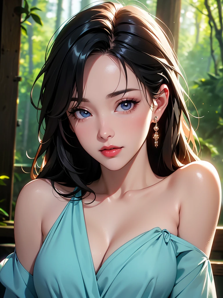 "(Best quality, a high resolution, masterpiece:1.2), ultra detailed, (realistic, photo-realistic:1.37), Fluorescent colors, 1 girl, interaction with the audience, Beautiful face, stunning eyes, (Baring your shoulders:1.2), head up, upper body, the forest, бthe forestтящие волосы, Radiant skin, illuminated contour lines, bright colors, Harmonious lighting", photorealistic, 4K, 8 K