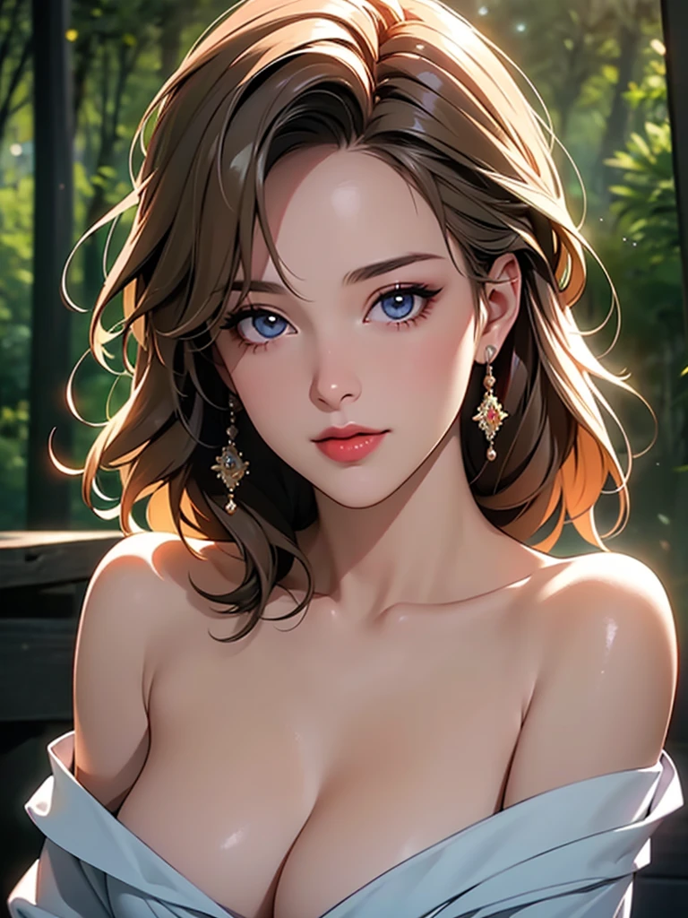 "(Best quality, a high resolution, masterpiece:1.2), ultra detailed, (realistic, photo-realistic:1.37), Fluorescent colors, 1 girl, interaction with the audience, Beautiful face, stunning eyes, (Baring your shoulders:1.2), head up, upper body, the forest, бthe forestтящие волосы, Radiant skin, illuminated contour lines, bright colors, Harmonious lighting", photorealistic, 4K, 8 K