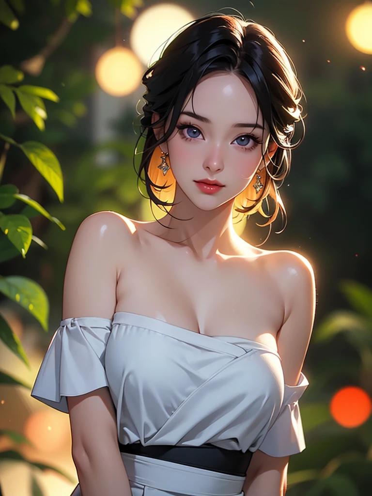 "(Best quality, a high resolution, masterpiece:1.2), ultra detailed, (realistic, photo-realistic:1.37), Fluorescent colors, 1 girl, interaction with the audience, Beautiful face, stunning eyes, (Baring your shoulders:1.2), head up, upper body, the forest, бthe forestтящие волосы, Radiant skin, illuminated contour lines, bright colors, Harmonious lighting", photorealistic, 4K, 8 K