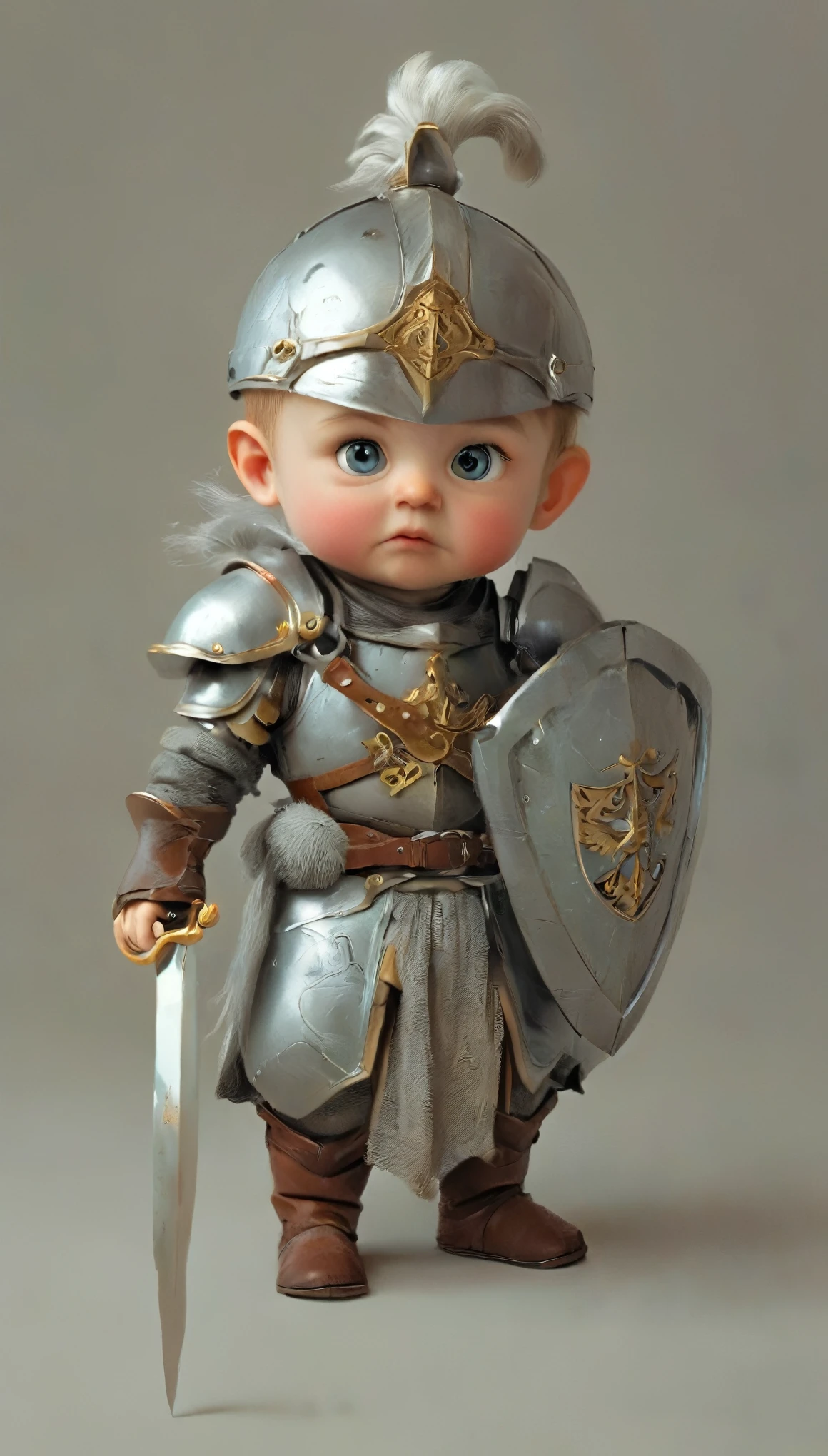 Isometric cute knight, holding a tiny sword and shield, solid background