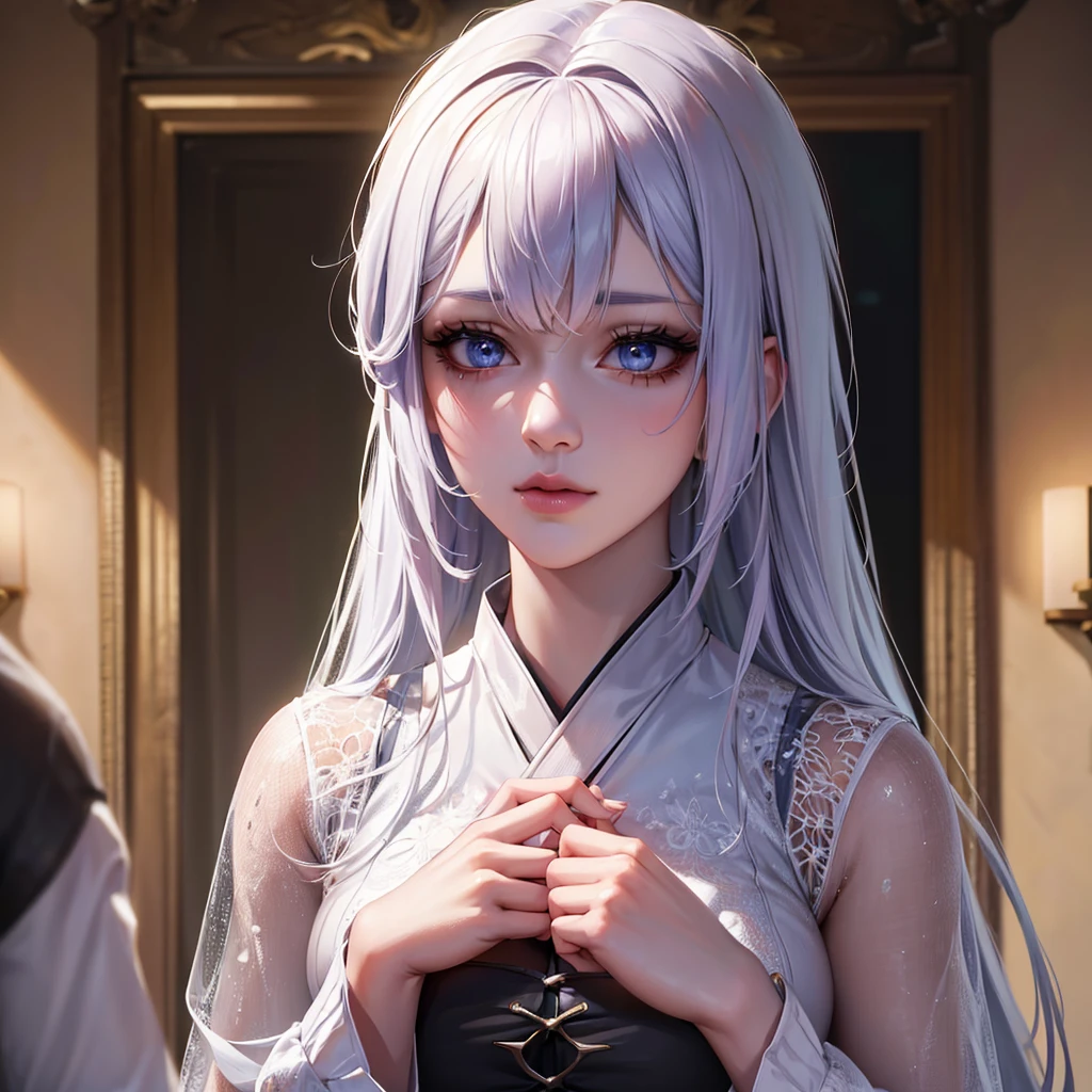 a girl with light white pi k hair, beautiful detailed eyes, beautiful detailed lips, extremely detailed eyes and face, long eyelashes, wearing jujutsu kaisen clothes, (best quality,4k,8k,highres,masterpiece:1.2),ultra-detailed,(realistic,photorealistic,photo-realistic:1.37),studio lighting,ultra-fine painting,sharp focus,physically-based rendering,extreme detail description,professional,vivid colors,bokeh,digital art
