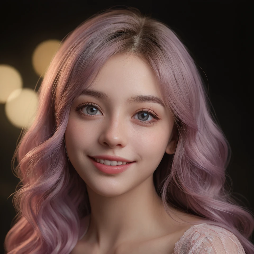 photo of a young smiling girl with highly detailed and realistic features, large eyes, long eyelashes, multicolored hair and eyes, full and large lips, glowing skin, blush, masterpiece, best quality, divine art, divine quality, very detailed face, very realistic, cute, (best quality,4k,8k,highres,masterpiece:1.2),ultra-detailed,(realistic,photorealistic,photo-realistic:1.37),HDR,UHD,studio lighting,ultra-fine painting,sharp focus,physically-based rendering,extreme detail description,professional,vivid colors,bokeh,portrait