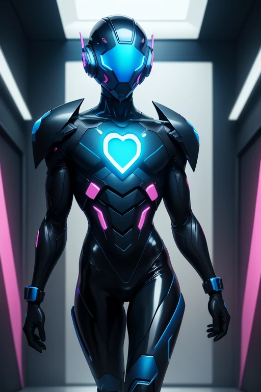 Dronificated unknown man in a fully enclosed black latex fullbody suit with (((blue))) lights across the suit and heart shaped glowing core in the chest, fully enclosed cyber helmet that cover her whole face and hides his identity with only two glowing pink lines in it's otherwise, empty black face, flat chest, muscular, tall, in a storage, no face, no hair, no mouth, no eyes