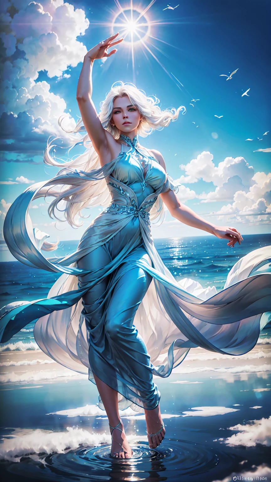 A stunningly beautiful woman with long, flowing white hair, drifting gracefully through the clouds. Her ethereal gown, in shades of white and pale blue, shimmers with a soft glow as she commands the element of air. She floats effortlessly high in the sky, surrounded by delicate wisps of cloud that swirl around her in response to her presence. Her eyes are a striking, luminous blue, reflecting her mastery over the skies and the serene power she wields. Her arms extend gracefully, guiding the movement of the wind with fluid, elegant motions. The background is a breathtaking expanse of clear blue heavens, with the clouds forming dynamic patterns around her. The scene is rendered in a photorealistic, hyper-realistic 8k style, with soft, diffused lighting that enhances the ethereal quality of her presence. The image is both serene and majestic, featuring gentle colors, vibrant HDR, and lighting that highlights the delicate textures of the clouds and the graceful movement of the air.